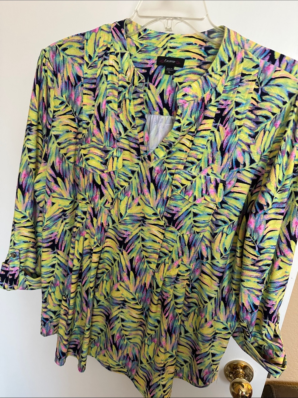 Cocomo Neon Yellow Multi-Leaf Print V-Neck Blouse